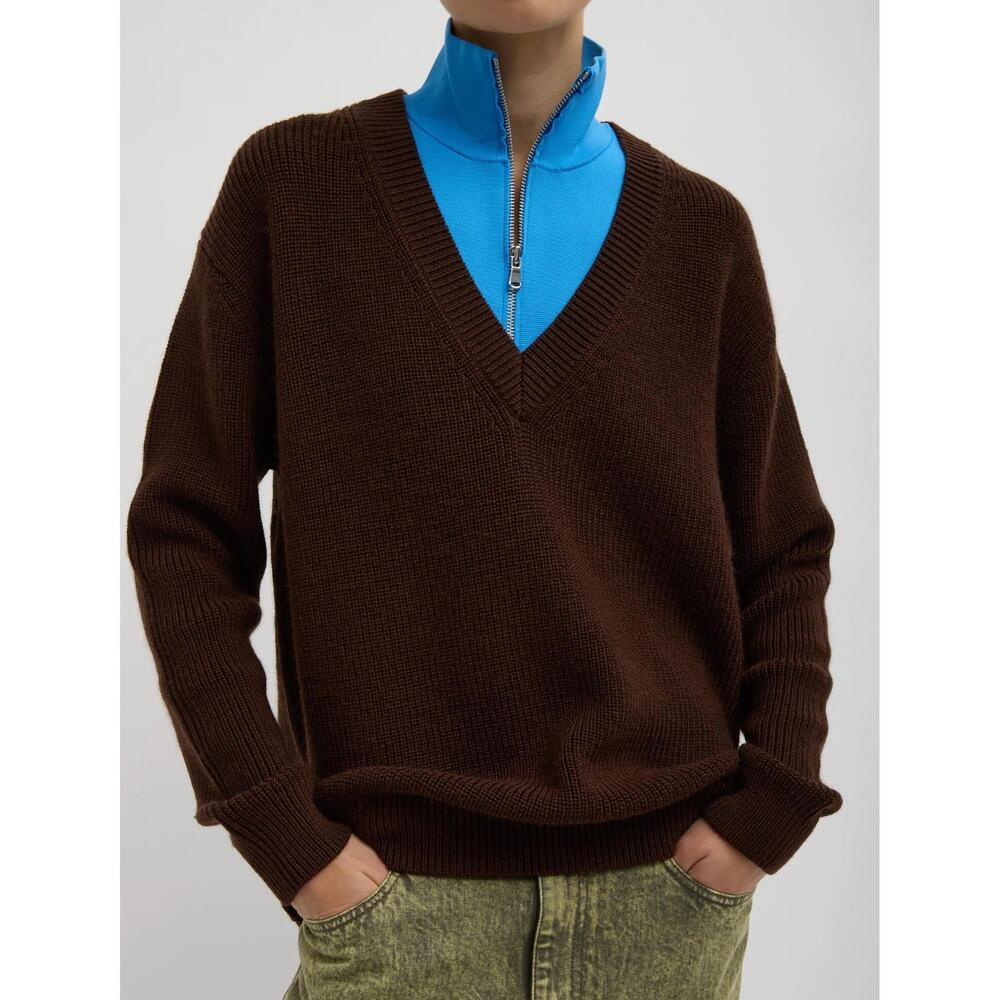 NEW TIBI cardigan stitch v neck with removable dickie top in brown